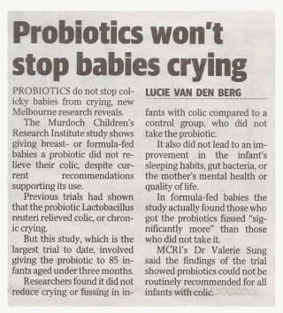Probiotics won't stop babies crying, Herald Sun, April 3, 2014